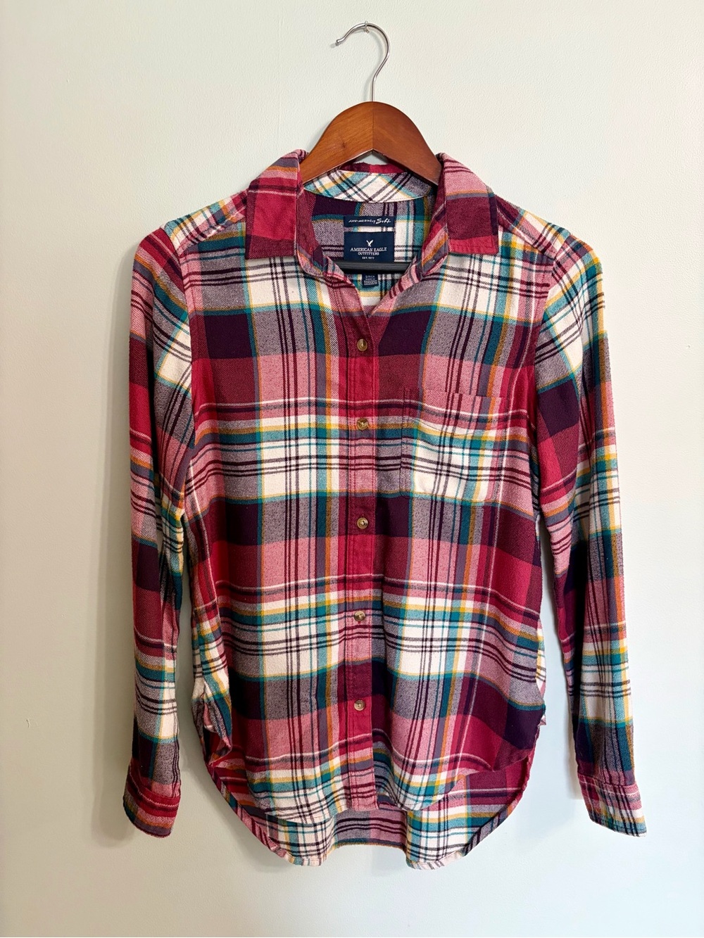American Eagle Outfitters Red Pink Plaid Button-Down Shirt